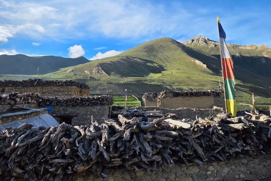 Traditional stone houses with prayer flags in Dolpo village against rolling hills